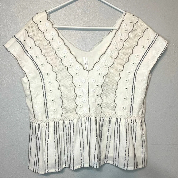 Anthropologie Tops - Anthropologie Embroidered Floral Beaded Linen Blend
